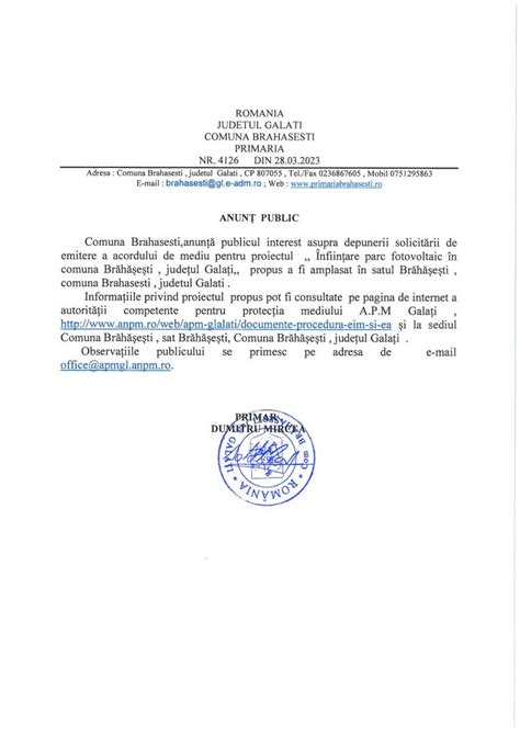 Anunt Public Solicitare Acord De Mediu Primarii De La A La Z