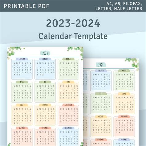 Printable Calendar 2023 2024 Year At A Glance Calendar Etsy España