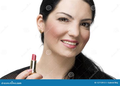 Smiling Woman Holding Lipstick Stock Image Image Of Hand Eyes 12713913