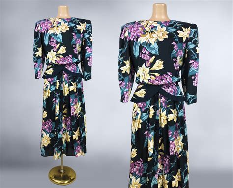 Vintage 80s Black Floral Rayon Blouson Garden Party Dress By Lisa Ii