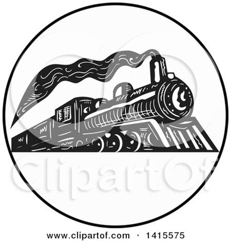 Clipart of a Retro Black and White Steam Engine Train in a Circle ...