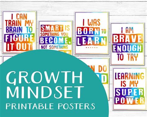 Set Of 8 Growth Mindset Classroom Printable Posters Rainbow Watercolor Growth Mindset Print