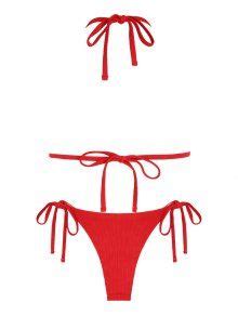 ZAFUL Ribbed Tie Side Tanga String Bikini Swimwear In RED ZAFUL 2024