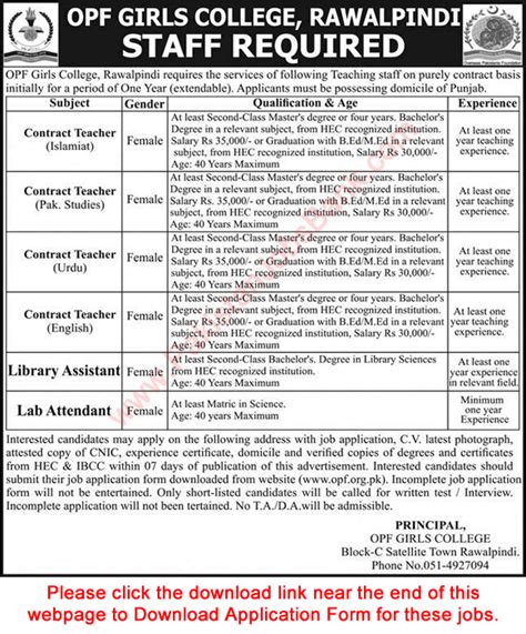 Opf Girls College Rawalpindi Jobs October Application Form