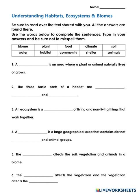 Habitats, Ecosystems & Biomes worksheet | Live Worksheets - Worksheets ...