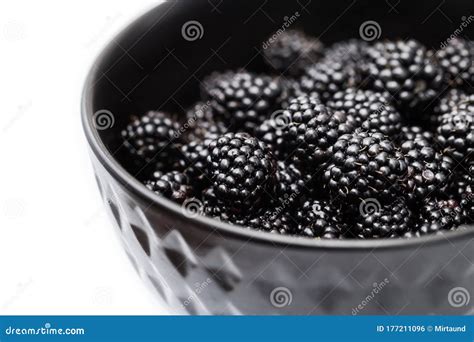 Blackberries In A Black Bowl Ripe Fresh Berries Macro Photo Stock