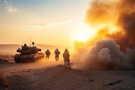 Los Soldados Cruzan La Zona De Guerra Con Fuego Y Humo En El Desierto Tanque De Las Fuerzas