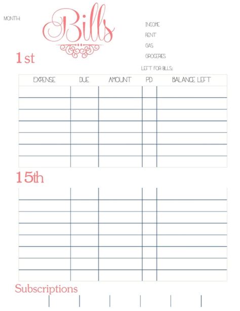 Bill Organizer Printable Template