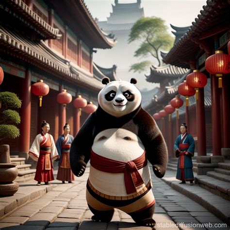 Kung Fu Panda Amidst Ancient Asian Street | Stable Diffusion Online