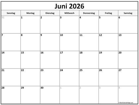 Juni 2026 kalender auf Deutsch | kalender 2026
