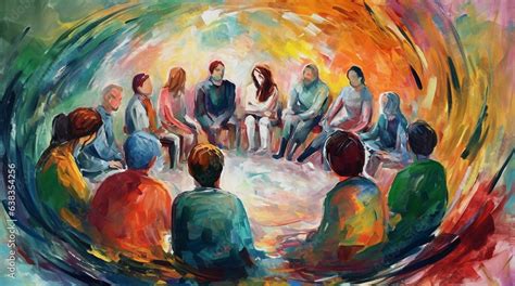 A Watercolor Painting Of A Diverse Group Of People Sitting In A Circle Stock Illustration