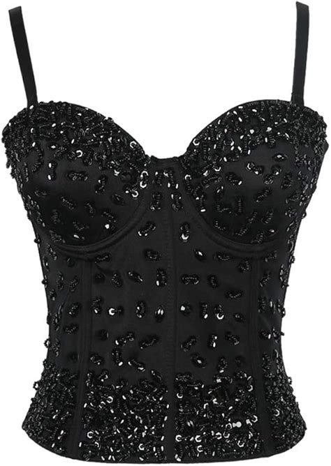 Amurao Frauen Sexy Strass Perlen Top Rmellose Bustier Tops Club Party