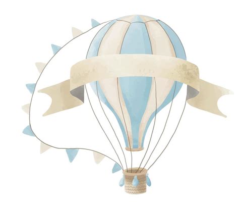 Blue Hot Air Balloon With Ribbon For Text Watercolor Illustration For