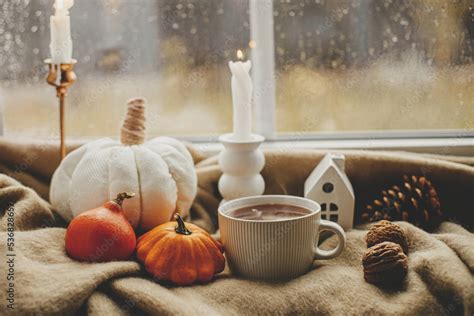 Cozy Autumn Rainy Day Stylish Warm Cup Of Tea Candle Pumpkins On