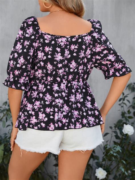 Shein Lune Plus Allover Floral Print Peplum Blouse Shein Usa