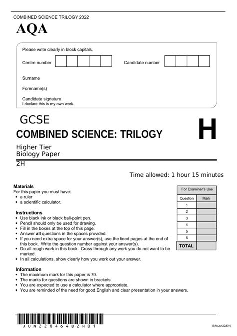 AQA GCSE COMBINED SCIENCE TRILOGY Higher Tier Biology Paper 2H JUNE