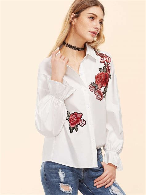 Embroidered Ruffle Sleeve Blouse Shein Sheinside