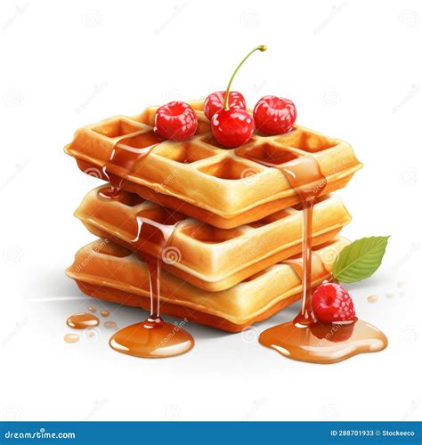 Realistic Waffles With Syrup And Cherry Illustrations Royalty Free