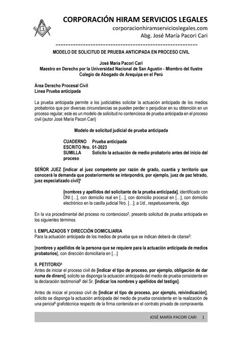 MODELO DE SOLICITUD DE PRUEBA ANTICIPADA EN EL PROCESO CIVIL Autor