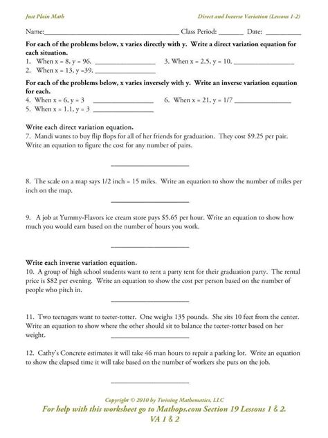 Direct Variation Worksheets Answer Key