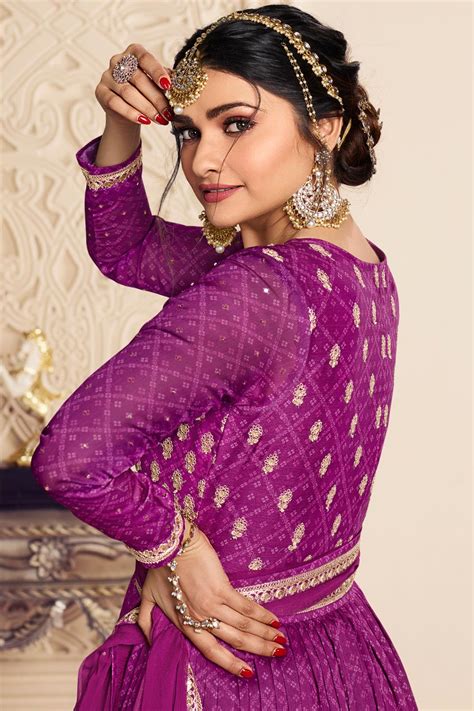 Buy Purple Bandhani Print Silk Chiffon Embroidered Anarkali Dress