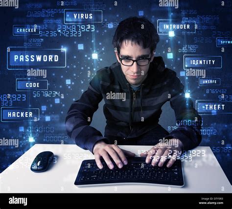 Hacker Programing In Technology Enviroment With Cyber Icons Stock Photo