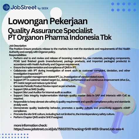 Farmasi Lowongan Kerja Quality Assurance Specialist PT Organon