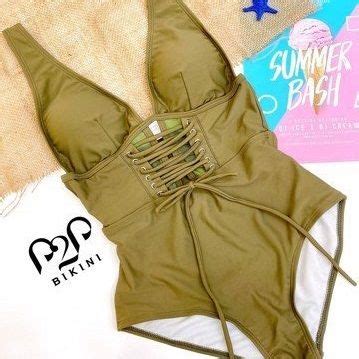 Monokini hai dây phối khoen chiết eo ôm dáng xanh rêu P P Bikini Thương hiệu đồ bơi nữ đồ