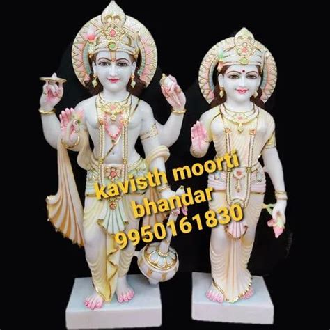 Painted Hindu Laxmi Narayan White Marble Statue For Worship Size