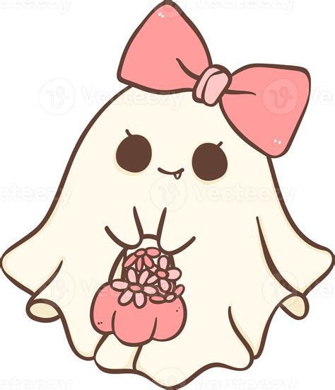 Cute Pink Halloween Ghost Girl With Flower Cartoon Doodle Png