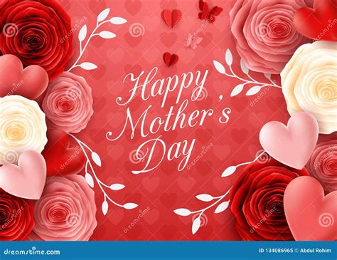 Happy Mother`s Day With Rose Flowers And Hearts Background Stock