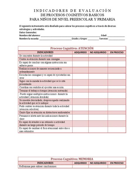 Instrumento Para La Evaluacion De Procesos Cognitivos Basicos Pdf Atención Educación De La