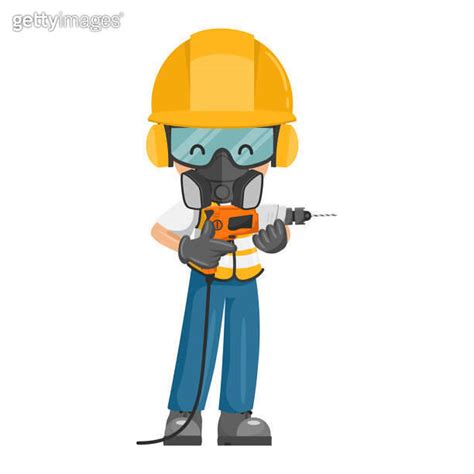 Construction Industrial Worker With Personal Protective Equipment Using