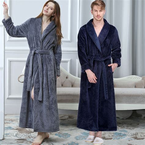 Men Winter Plus Size Extra Long Flannel Bathrobe Warm Coral Fleece Bath Robe Women Cozy Dressing