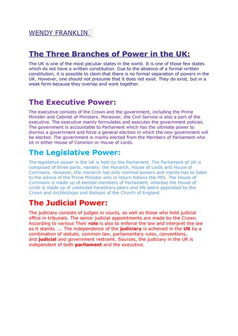 Separation of UK powers - WENDY FRANKLIN. The Three Branches of Power ...