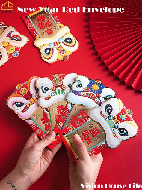 Vision 6pcs Chinese New Year Red Packet Lion Dance Red Envelope Spring