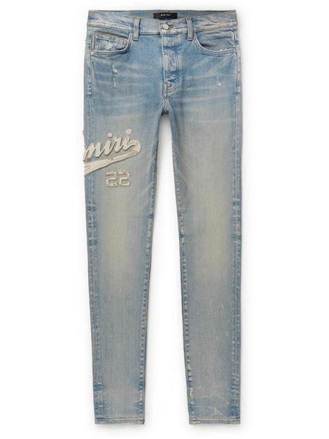 Amiri Varsity Skinny Fit Leather Appliquéd Jeans Blue Amiri