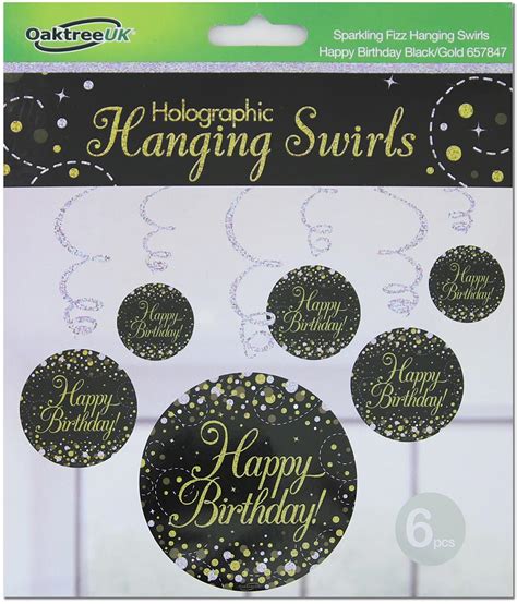 Oaktree Sparkling Fizz Hanging Swirls Happy Birthday Black Gold 6pcs