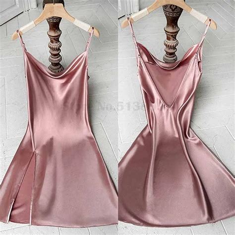 Pink Satin Sexy Split Sleep Shirts Intimate Lingerie Nightgown Women S Loose Casual Home Wear