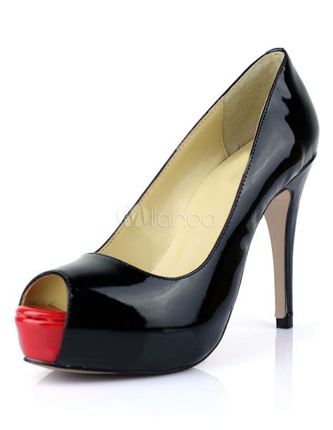 Elegant Black Patent Leather Peep Toe Womens Heels