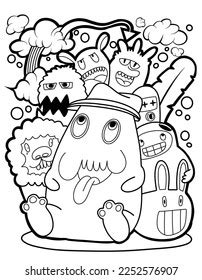 Cute Monsters Doodle Coloring Page Hand เวกเตอรสตอก ปลอดคา