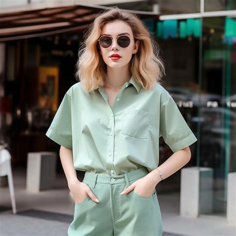 Premium AI Image A Woman Wearing A Green Shirt And Sunglasses Stands