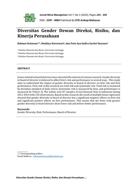 Pdf Diversitas Gender Dewan Direksi Risiko Dan Kinerja Perusahaan