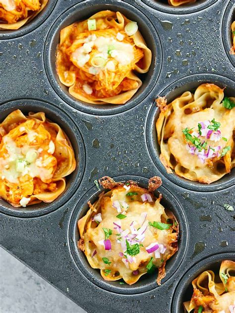 Chicken Wonton Cups Recipe Sweet Bbq And Buffalo Blue