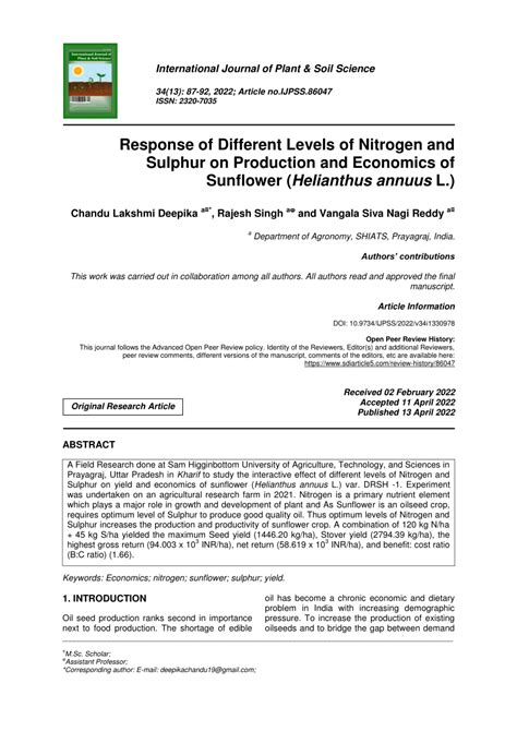 Pdf Response Of Different Levels Of Nitrogen And Sulphur On