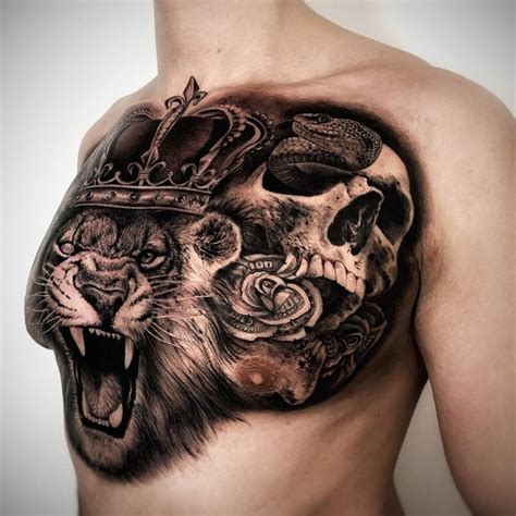 Black And Grey Lion Portrait Tattoo On The Chest