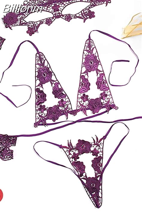 Billionm Women Sexy Lingerie Set 4Pcs Lace Mask Sling Handcuffs Transparent Bra And Panty Set