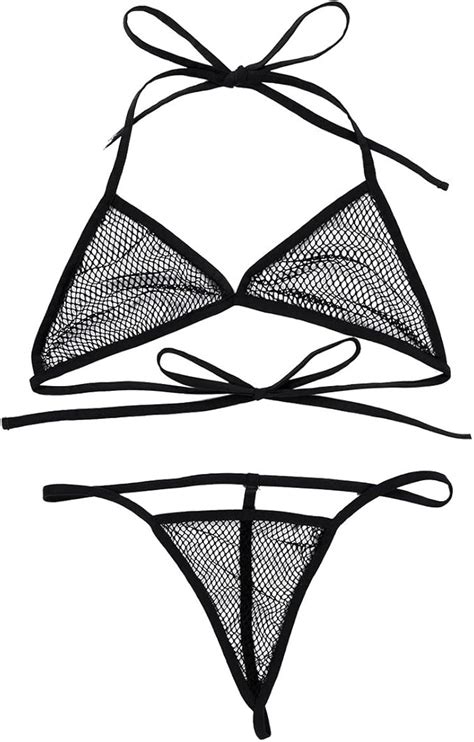 Amazon Yeahdor Women S Sheer Mesh Bikini Set Slingshot Bra Top With Micro G String