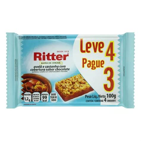 Pack Barra de Cereal Avelã e Castanha Cobertura Chocolate Ritter Pacote