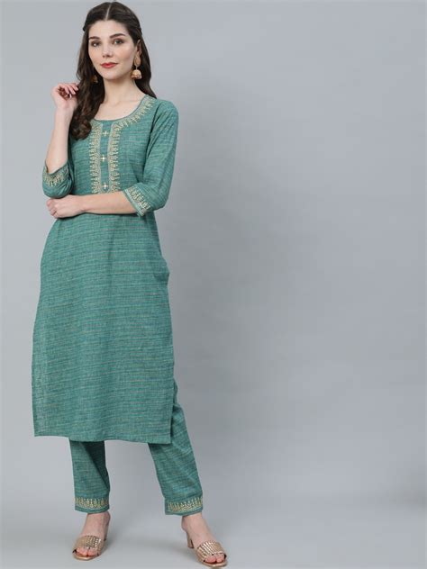 Buy Antaran Women Green Ethnic Motifs Yoke Design Pure Cotton Kurta